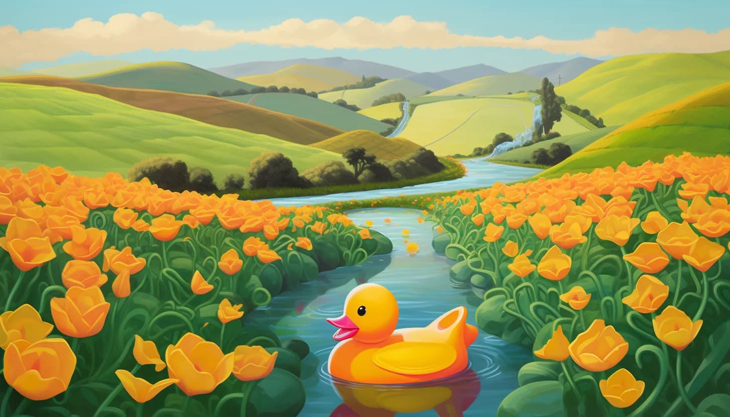 A duck sits peacefully on a stream in a picturesque cartoon meadow.